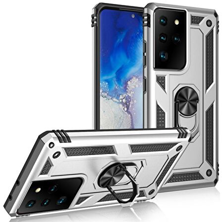 Smcase Samsung Galaxy S21 Ultra 5G Kılıf Vega Yüzüklü Standlı Tank Kapak