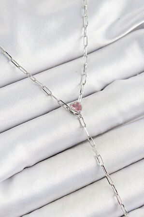 Pirinç Zirkon Taşlı Pembe Kalp Figürlü Y Model Gümüş Renk Kadın Kolye