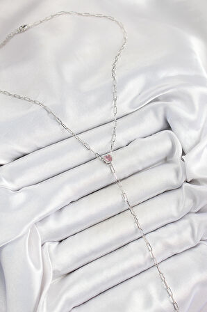 Pirinç Zirkon Taşlı Pembe Kalp Figürlü Y Model Gümüş Renk Kadın Kolye