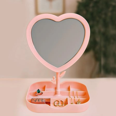 storebaskı Led Işıklı Pembe Kalpli Organizer Makyaj Aynası