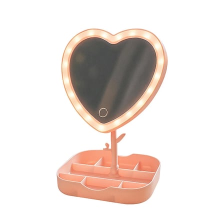 storebaskı Led Işıklı Pembe Kalpli Organizer Makyaj Aynası