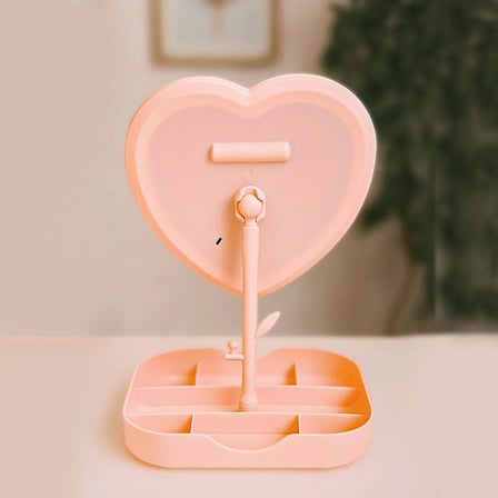 storebaskı Led Işıklı Pembe Kalpli Organizer Makyaj Aynası