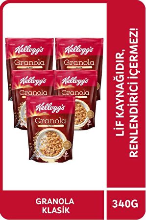 Kellogg's Granola Klasik 340 Gr x 5 Adet, %56 Yulaf içerir, Lif Kaynağı, Kahvaltılık Gevrek