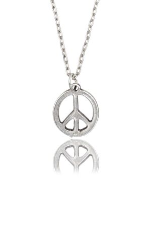 Peace Barış Sembolü Erkek Kadın Kolye Antik Gümüş Kaplama - 60 cm Düz Zincir