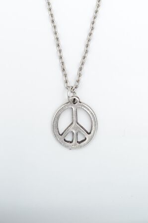 Peace Barış Sembolü Erkek Kadın Kolye Antik Gümüş Kaplama - 60 cm Düz Zincir