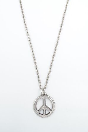 Peace Barış Sembolü Erkek Kadın Kolye Antik Gümüş Kaplama - 60 cm Düz Zincir