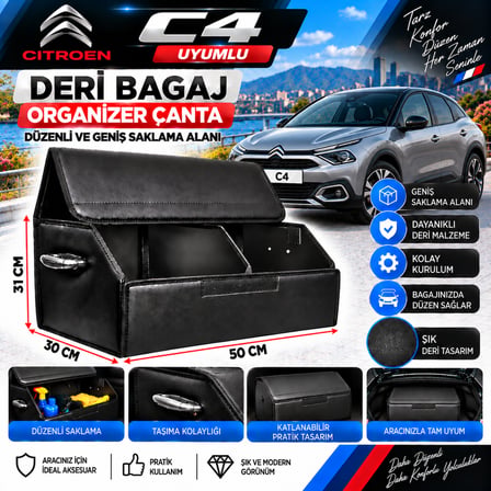 Citroen C4 Uyumlu Oto Bagaj Organizeri Deri Bagaj Kutu Çanta