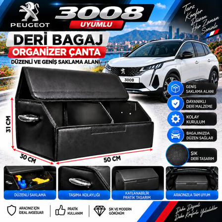 Peugeot 3008 Uyumlu Oto Bagaj Organizeri Deri Bagaj Kutu Çanta