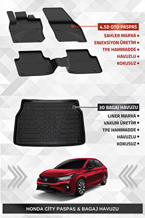 Sahler Honda City 2019+ Uyumlu 4.5D Premium Havuzlu Paspas ve Liner Marka 3D Bagaj Havuzu