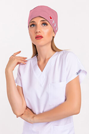 Unisex Koyu Pudra Kalp Ritim Nakışlı Doktor Hemşire Hastane Medikal Cerrahi Bonesi