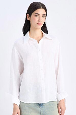 DeFacto %100 Keten Oversize Geniş Kalıp Uzun Kollu Beyaz Gömlek Z6638AZ25SPWT79