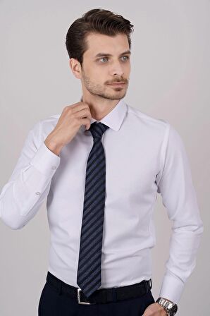Gömlek Kravat Seti ( sunda Lacivert Çizgi Desenli Kravat & Beyaz Armür Slimfit Gömlek)