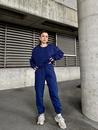 Bisiklet Yaka Şardonlu Lacivert Eşofman Takımı