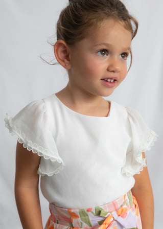 Mayoral Kız Çocuk Tişört Krem 4 Yaş Fırfırlı Kol Detaylı Pamuklu