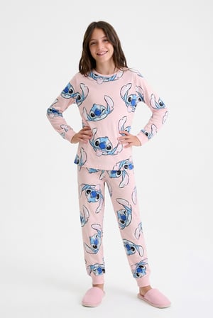 Cartoon Print Pamuklu Çocuk Pijama Takım Pembe