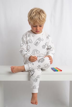 Yıkanabilir Boya Hediyeli Colorbook Uzun Kol Çocuk Pijama Takım Beyaz