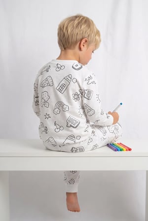 Yıkanabilir Boya Hediyeli Colorbook Uzun Kol Çocuk Pijama Takım Beyaz