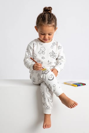 Yıkanabilir Boya Hediyeli Colorbook Uzun Kol Çocuk Pijama Takım Beyaz