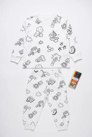 Yıkanabilir Boya Hediyeli Colorbook Uzun Kol Çocuk Pijama Takım Beyaz