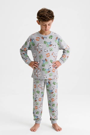 Cartoon Print Pamuklu Çocuk Pijama Takım Yeşil