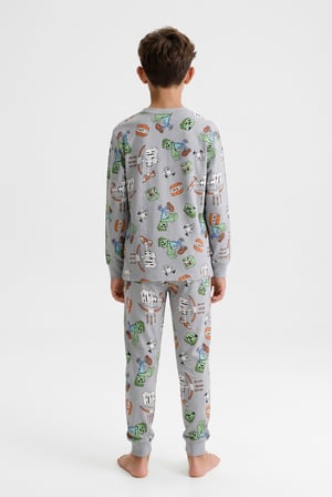 Cartoon Print Pamuklu Çocuk Pijama Takım Yeşil