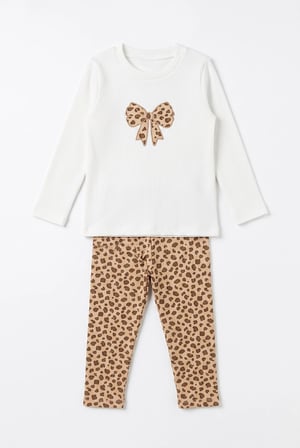 Kız Çocuk Leopard Fine Ribana Takım Krem