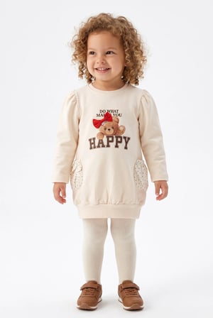 Kız Bebek Happy Bear Örme Elbise Bej