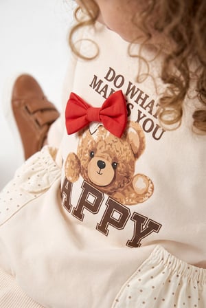 Kız Bebek Happy Bear Örme Elbise Bej