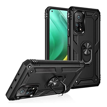 Smcase Xiaomi Mi10T Kılıf Vega Yüzüklü Standlı Tank Kapak  Nano Ekran Koruyucu