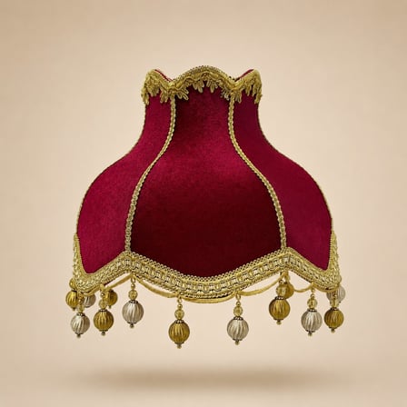 Kırmızı Kadife Gold İşlemeli El Yapımı Vintage Abajur Şapkası 30x27cm