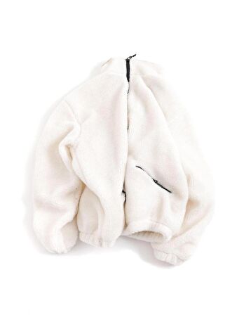 Beyaz  Peluş Wellsoft Dik Yaka Cepleri Fermuarlı Oversize Kesim Peluş Ceket