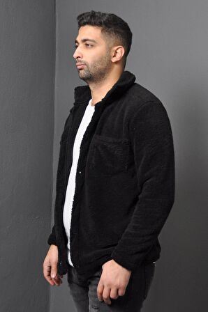 Unisex Düğmeli Siyah Peluş Ceket