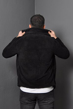 Unisex Düğmeli Siyah Peluş Ceket