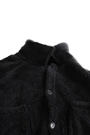 Unisex Düğmeli Siyah Peluş Ceket