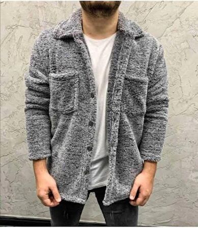 Unisex Düğmeli Gri Melanj Peluş Ceket