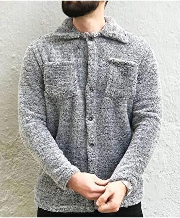 Unisex Düğmeli Gri Melanj Peluş Ceket