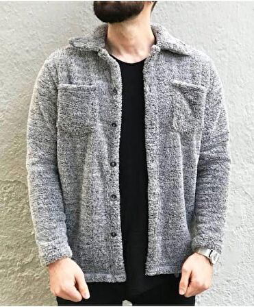 Unisex Düğmeli Gri Melanj Peluş Ceket