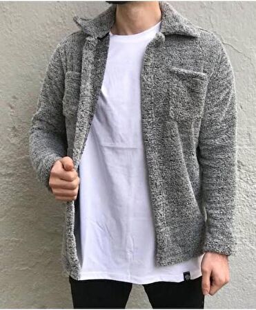 Unisex Düğmeli Gri Melanj Peluş Ceket