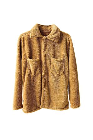 Unisex Düğmeli  Camel Peluş Ceket