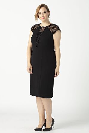 1279 Kare Baklava Desenli Kısa Büyük Beden Abiye Elbise Siyah