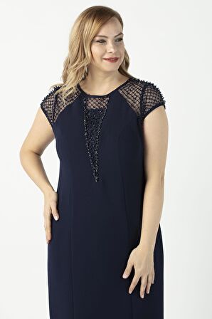 1279 Kare Baklava Desenli Kısa Büyük Beden Abiye Elbise Lacivert