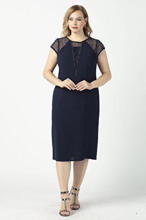 1279 Kare Baklava Desenli Kısa Büyük Beden Abiye Elbise Lacivert