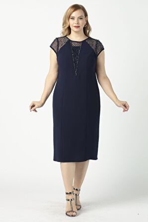 1279 Kare Baklava Desenli Kısa Büyük Beden Abiye Elbise Lacivert