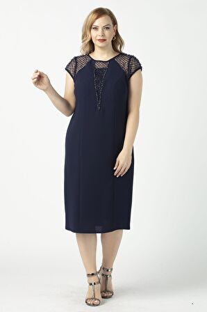 1279 Kare Baklava Desenli Kısa Büyük Beden Abiye Elbise Lacivert