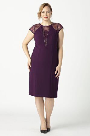 1279 Kare Baklava Desenli Kısa Büyük Beden Abiye Elbise Mürdüm