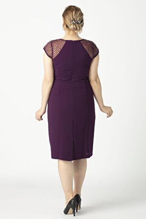 1279 Kare Baklava Desenli Kısa Büyük Beden Abiye Elbise Mürdüm