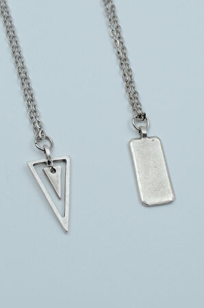 2'li Sallantılı Üçgen Dikdörtgen Bar Gümüş Kaplama Kolye Seti