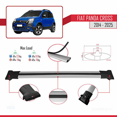Fiat Panda Cross 2014 ve Sonrası ile Uyumlu FLY Model Ara Atkı Tavan Barı Gri 3 Adet