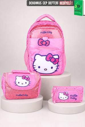  x Dekomus Lisanslı Hello Kitty Glitter Bow Collection Okul Çantası,Termoslu Beslenme Çantası ve Kalem Çantası Seti