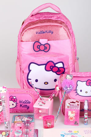  x Dekomus Lisanslı Hello Kitty Glitter Bow Collection Full Kırtasiye Seti Okul Çantası,Termoslu Beslenme Çantası ve Kalem Çantası Seti